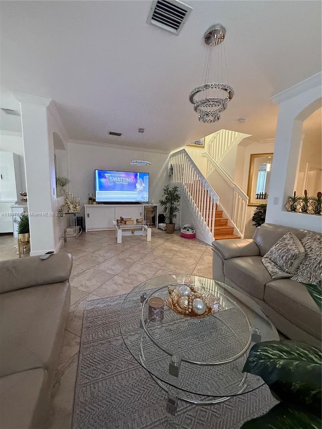 15029 SW 8th Ter, Miami, FL 33194 - living area featuring crown molding, stairs, and a chandelier