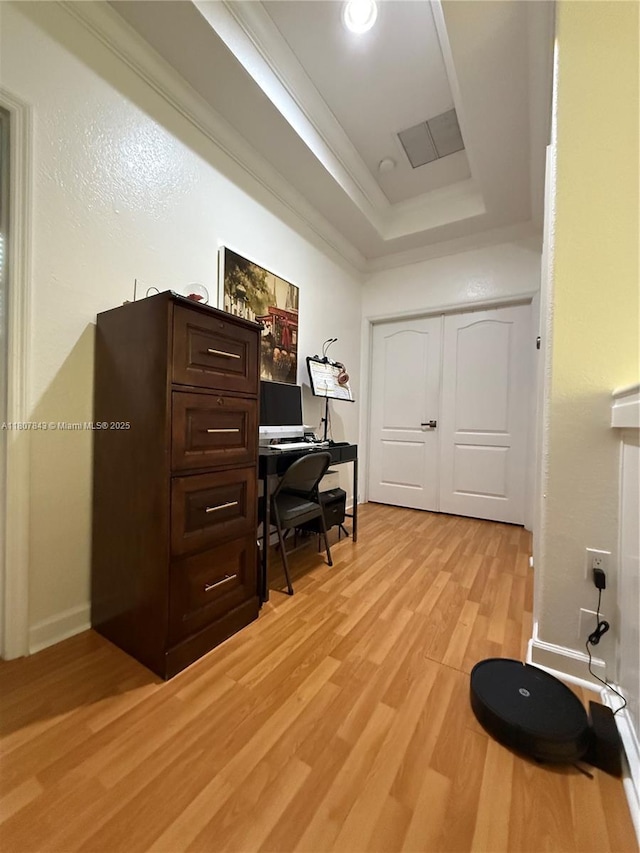 15029 SW 8th Ter, Miami, FL 33194 - office featuring a tray ceiling, light wood-type flooring, and baseboards