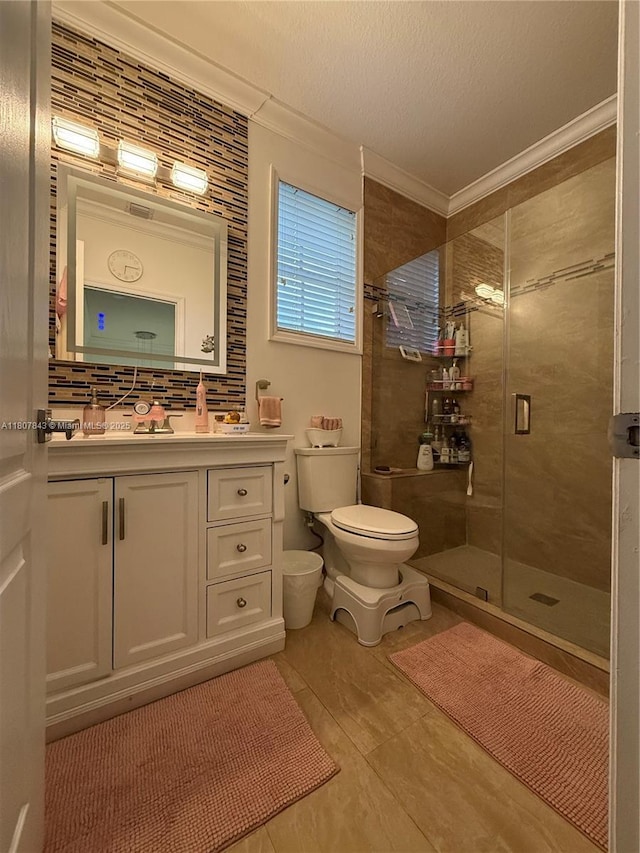 15029 SW 8th Ter, Miami, FL 33194 - bathroom with ornamental molding, a stall shower, toilet, and vanity