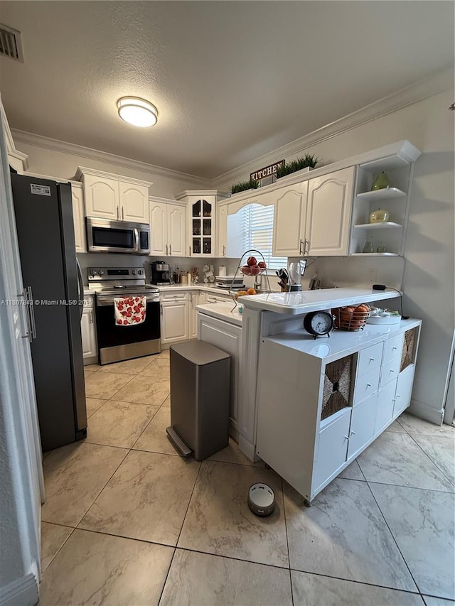 15029 SW 8th Ter, Miami, FL 33194 - kitchen featuring stainless steel appliances, crown molding, white cabinets, light marble finish floors, and open shelves