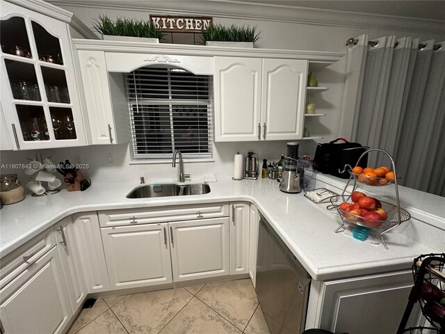 15029 SW 8th Ter, Miami, FL 33194 - kitchen featuring a sink, white cabinets, light countertops, open shelves, and crown molding