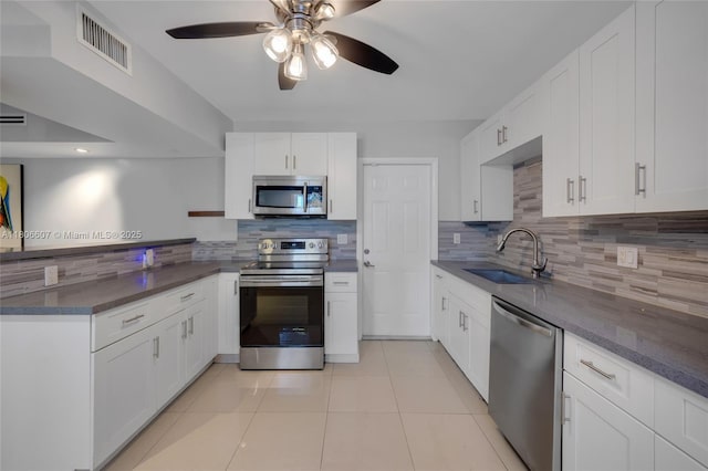 12125 NE 5th Ave, North Miami, FL 33161 - kitchen featuring stainless steel appliances, a sink, a peninsula, backsplash, and white cabinetry