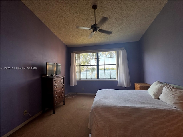 15569 N Miami Lakeway N Unit 204, Miami Lakes, FL 33014 - bedroom featuring a textured ceiling, carpet floors, lofted ceiling, baseboards, and a ceiling fan