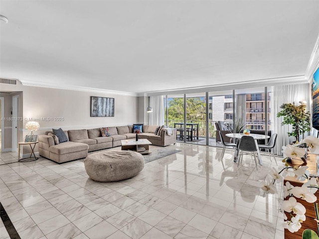 10155 Collins Ave Unit 408, Bal Harbour, FL 33154 - living area featuring ornamental molding and light marble finish flooring