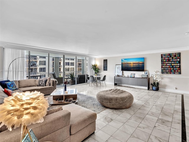 10155 Collins Ave Unit 408, Bal Harbour, FL 33154 - living area featuring marble look tiles and ornamental molding