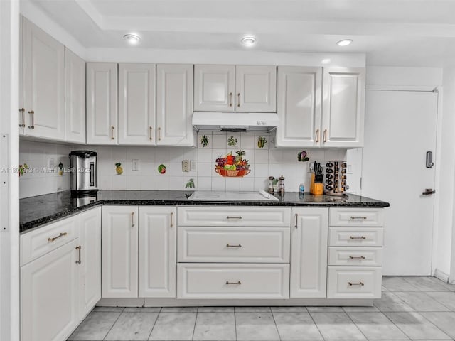 10155 Collins Ave Unit 408, Bal Harbour, FL 33154 - kitchen with black electric cooktop, under cabinet range hood, white cabinets, backsplash, and dark stone countertops