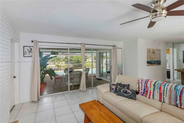 2001 NW 93rd Ln, Sunrise, FL 33322 - living area featuring a ceiling fan, light tile patterned floors, a sunroom, and brick wall