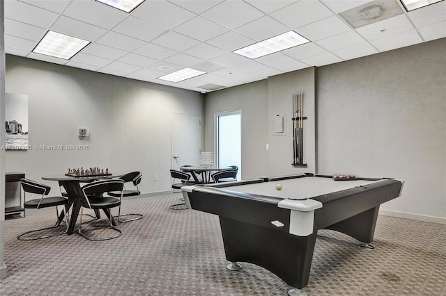 19380 Collins Ave Unit 718, Sunny Isles Beach, FL 33160 - game room featuring carpet floors, a paneled ceiling, baseboards, and pool table