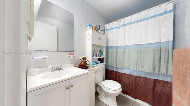 5301 SW 111th Ave, Miami, FL 33165 - bathroom with toilet, vanity, a textured ceiling, curtained shower, and tile walls