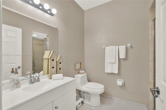 557 SE 37th Pl, Homestead, FL 33033 - bathroom with a stall shower, vanity, toilet, tile patterned flooring, and baseboards