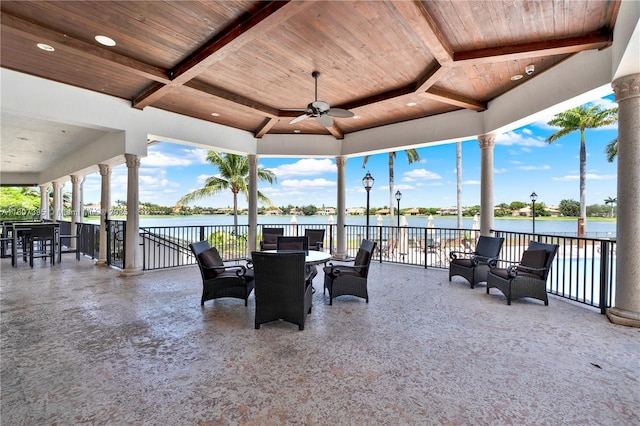 7582 SW 191st St, Cutler Bay, FL 33157 - view of patio featuring a ceiling fan, a water view, and outdoor dining area