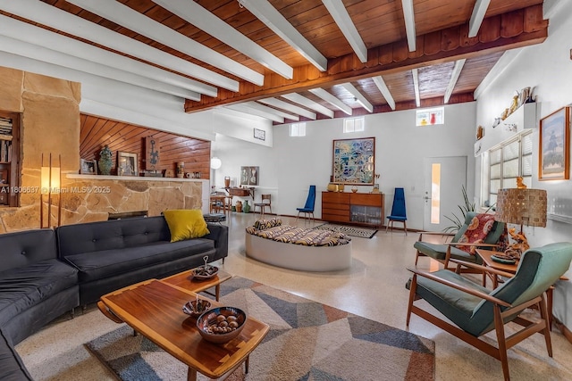 1895 SW 25th St, Miami, FL 33133 - living area with speckle patterned floor and a wood ceiling with exposed beams