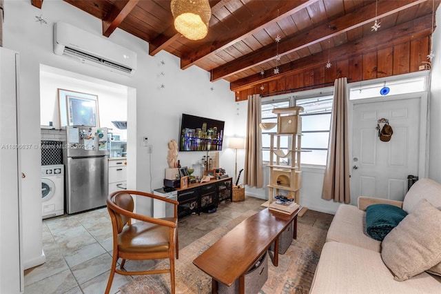 1895 SW 25th St, Miami, FL 33133 - living area featuring wooden ceiling with exposed beams, washer / dryer, a wall mounted AC, and light stone finish floors