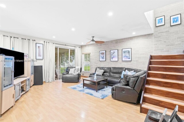 349 NW 207th Ave, Pembroke Pines, FL 33029 - living room featuring light wood-style flooring, ceiling fan, recessed lighting, and stairs