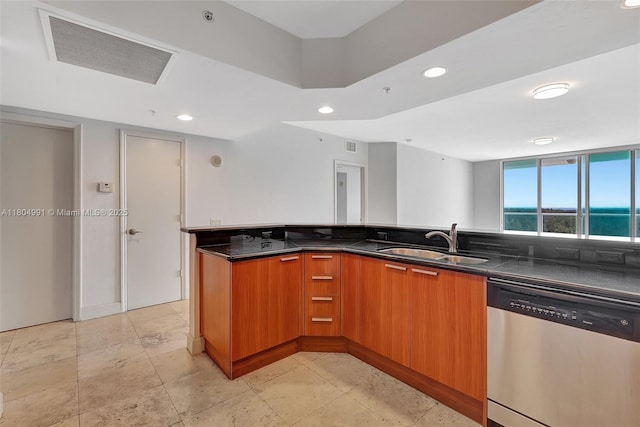 14951 Royal Oaks Ln Unit 1406, North Miami, FL 33181 - kitchen featuring stainless steel dishwasher, a sink, brown cabinets, modern cabinets, and recessed lighting