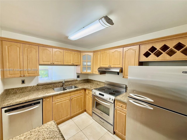 10825 SW 112th Ave Unit 302, Miami, FL 33176 - kitchen featuring appliances with stainless steel finishes, a sink, under cabinet range hood, and light brown cabinetry