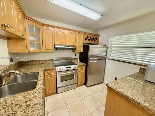 10825 SW 112th Ave Unit 302, Miami, FL 33176 - kitchen featuring stainless steel appliances, a sink, under cabinet range hood, light stone counters, and light tile patterned floors