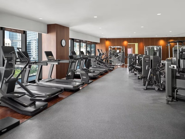 1300 S Miami Ave Unit 3211, Miami, FL 33130 - workout area with wooden walls and recessed lighting