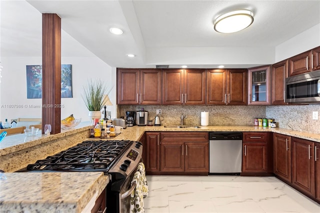 3140 S Ocean Dr Unit 2310, Hallandale Beach, FL 33009 - kitchen featuring stainless steel appliances, a sink, light marble finish floors, light stone countertops, and tasteful backsplash