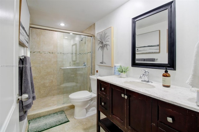7891 SW 9th Ter, Miami, FL 33144 - bathroom with double vanity, a stall shower, toilet, tile patterned floors, and recessed lighting