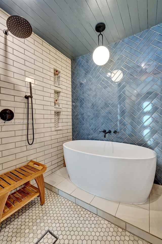 7850 NW 53rd Ct, Lauderhill, FL 33351 - bathroom with a freestanding bath, tile walls, wooden ceiling, and tiled shower