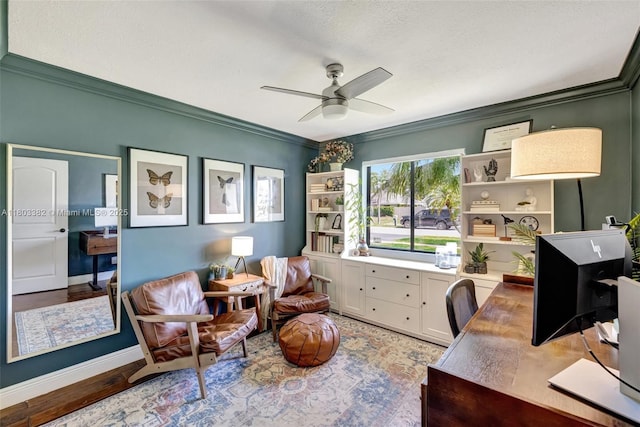 7850 NW 53rd Ct, Lauderhill, FL 33351 - office area featuring ornamental molding, a ceiling fan, light wood-style floors, and baseboards