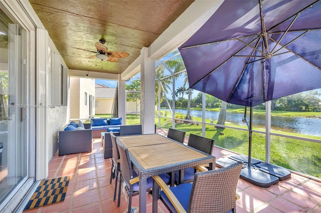 1317 Majesty Ter, Weston, FL 33327 - sunroom with a water view, an outdoor hangout area, and a ceiling fan