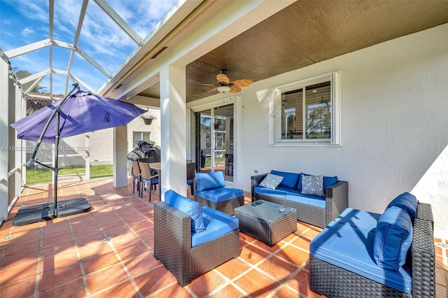 1317 Majesty Ter, Weston, FL 33327 - view of patio featuring an outdoor living space, ceiling fan, glass enclosure, and outdoor dining space
