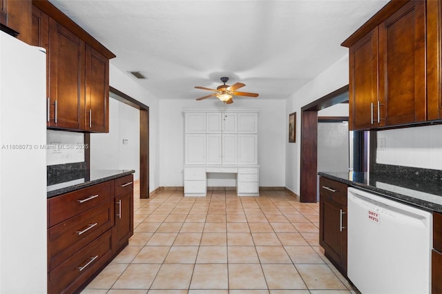 9155 SW 179th St, Palmetto Bay, FL 33157 - kitchen featuring white appliances, a ceiling fan, baseboards, and dark stone counters