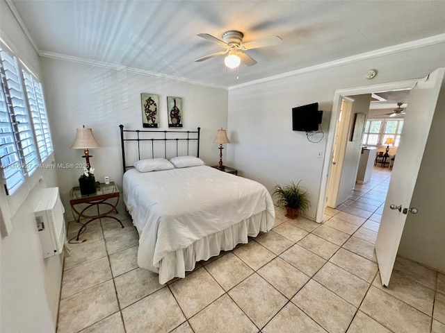 301 E Mcnab Rd Unit 205, Pompano Beach, FL 33060 - bedroom with light tile patterned floors, ornamental molding, a wall mounted AC, and ceiling fan