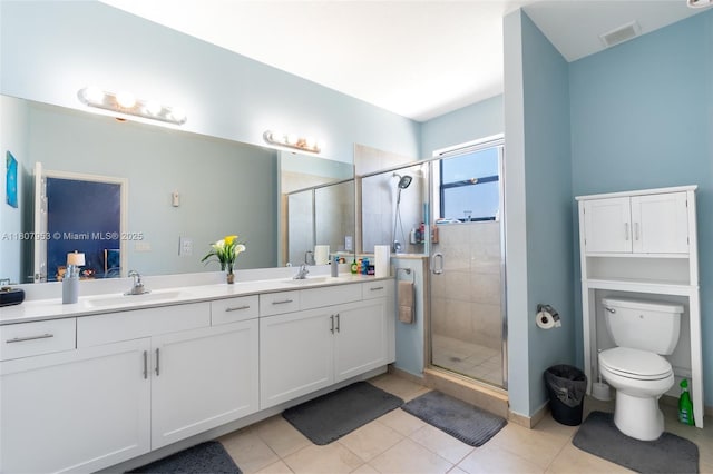 5421 NW 27th St, Margate, FL 33063 - full bathroom with double vanity, a shower stall, toilet, tile patterned floors, and baseboards