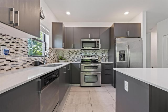 32004 SW 199th Ct, Homestead, FL 33030 - kitchen with appliances with stainless steel finishes, a sink, light countertops, light tile patterned floors, and tasteful backsplash