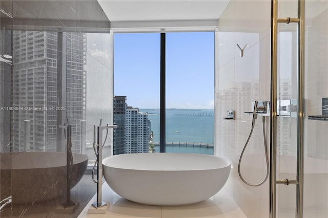 300 Biscayne Blvd Way Unit 3104, Miami, FL 33131 - bathroom featuring a water view, a freestanding bath, tiled shower, and floor to ceiling windows