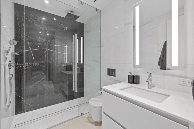 300 Biscayne Blvd Way Unit 3104, Miami, FL 33131 - full bath featuring vanity, toilet, a marble finish shower, and tile walls