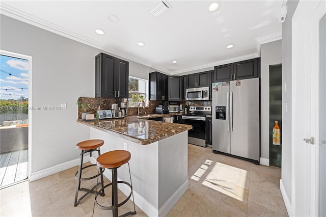 925 SW 147th Ct, Miami, FL 33194 - kitchen featuring stainless steel appliances, ornamental molding, dark stone counters, decorative backsplash, and dark cabinetry
