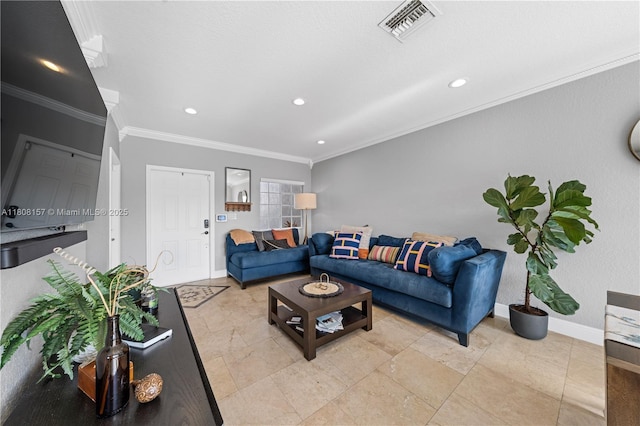 925 SW 147th Ct, Miami, FL 33194 - living area featuring baseboards, recessed lighting, ornamental molding, and light stone finish floors