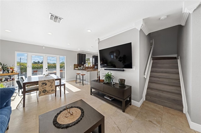 925 SW 147th Ct, Miami, FL 33194 - living room with crown molding, stairs, baseboards, french doors, and recessed lighting