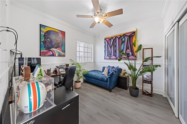 925 SW 147th Ct, Miami, FL 33194 - office with light wood-style flooring, ceiling fan, crown molding, and baseboards