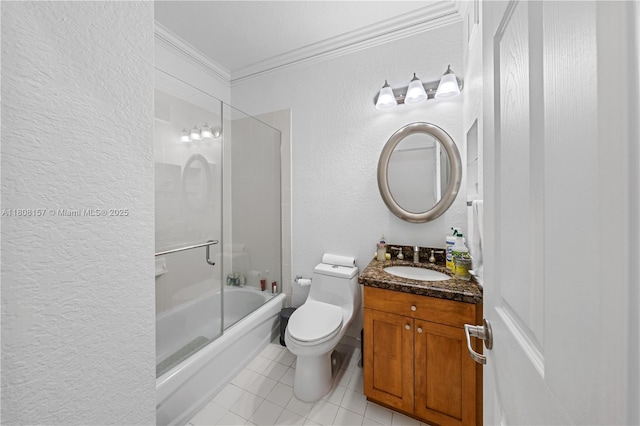 925 SW 147th Ct, Miami, FL 33194 - full bathroom with a textured wall, crown molding, vanity, shower / tub combination, and toilet