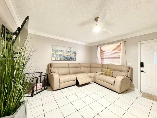 5183 Cannon Way, West Palm Beach, FL 33415 - living room with ceiling fan, crown molding, light tile patterned floors, and a textured ceiling