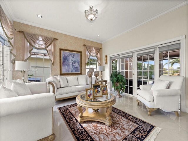 11230 SW 156th Ave, Miami, FL 33196 - living room featuring wallpapered walls, ornamental molding, french doors, marble tiled floors, and recessed lighting