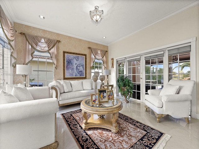 11230 SW 156th Ave, Miami, FL 33196 - living room with wallpapered walls, crown molding, french doors, and recessed lighting