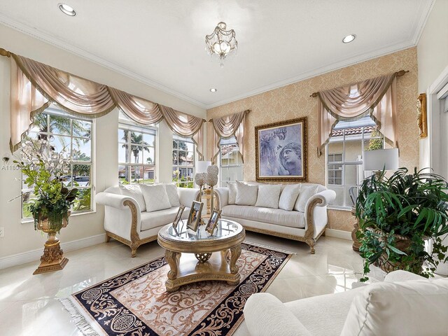 11230 SW 156th Ave, Miami, FL 33196 - living area with wallpapered walls, crown molding, baseboards, recessed lighting, and a chandelier
