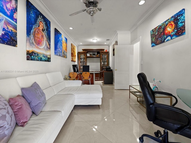 11230 SW 156th Ave, Miami, FL 33196 - living room featuring an office area, ornamental molding, recessed lighting, a ceiling fan, and tile patterned flooring