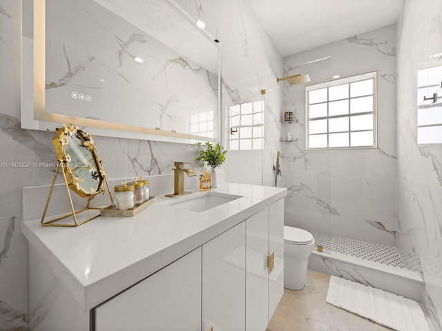 11230 SW 156th Ave, Miami, FL 33196 - full bathroom featuring toilet, a marble finish shower, vanity, and tile walls