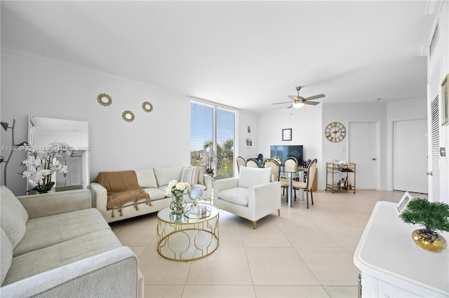 1401 SW 22nd St Unit 701, Miami, FL 33145 - living area featuring light tile patterned flooring, ceiling fan, and crown molding