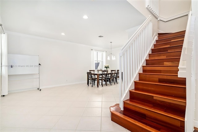 850 Nandina Dr, Weston, FL 33327 - stairway featuring recessed lighting, tile patterned floors, ornamental molding, and baseboards