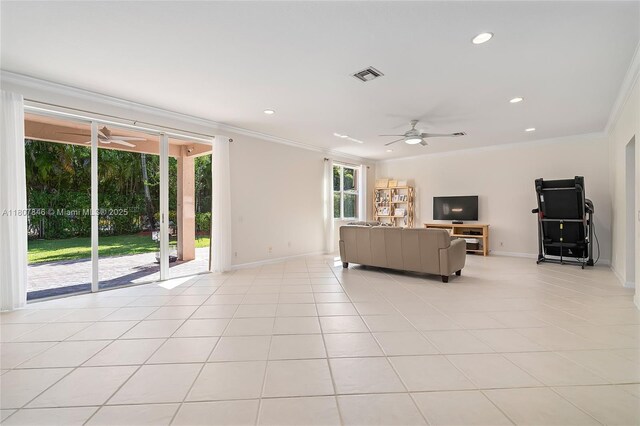 850 Nandina Dr, Weston, FL 33327 - living room with ceiling fan, ornamental molding, baseboards, recessed lighting, and light tile patterned floors