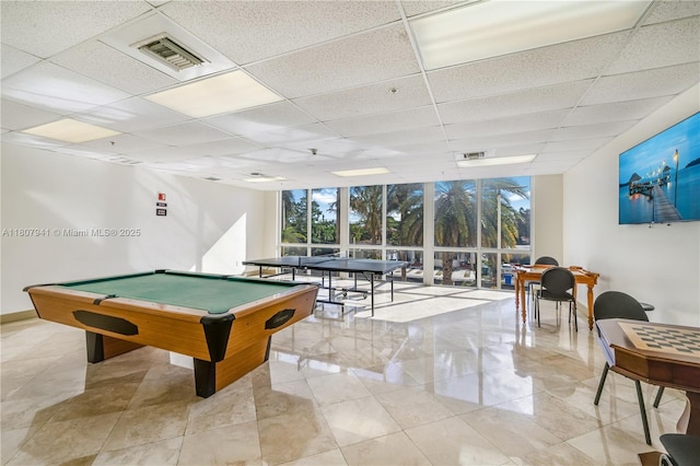 3500 Coral Way Unit 604, Miami, FL 33145 - recreation room featuring expansive windows, a paneled ceiling, pool table, and baseboards