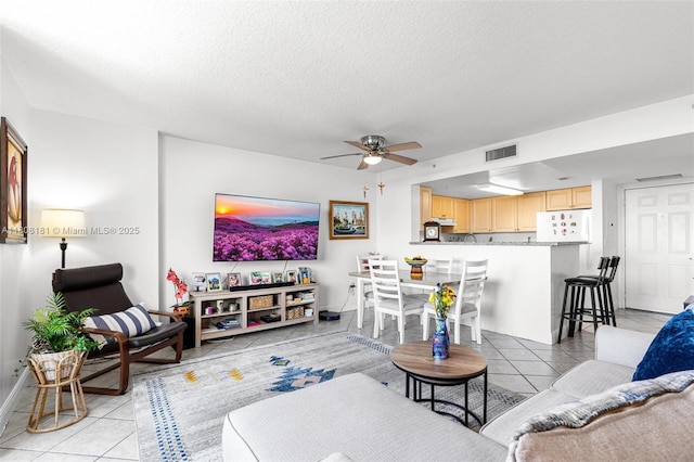 3000 Coral Way Unit 1505, Miami, FL 33145 - living room featuring light tile patterned floors, a ceiling fan, and a textured ceiling